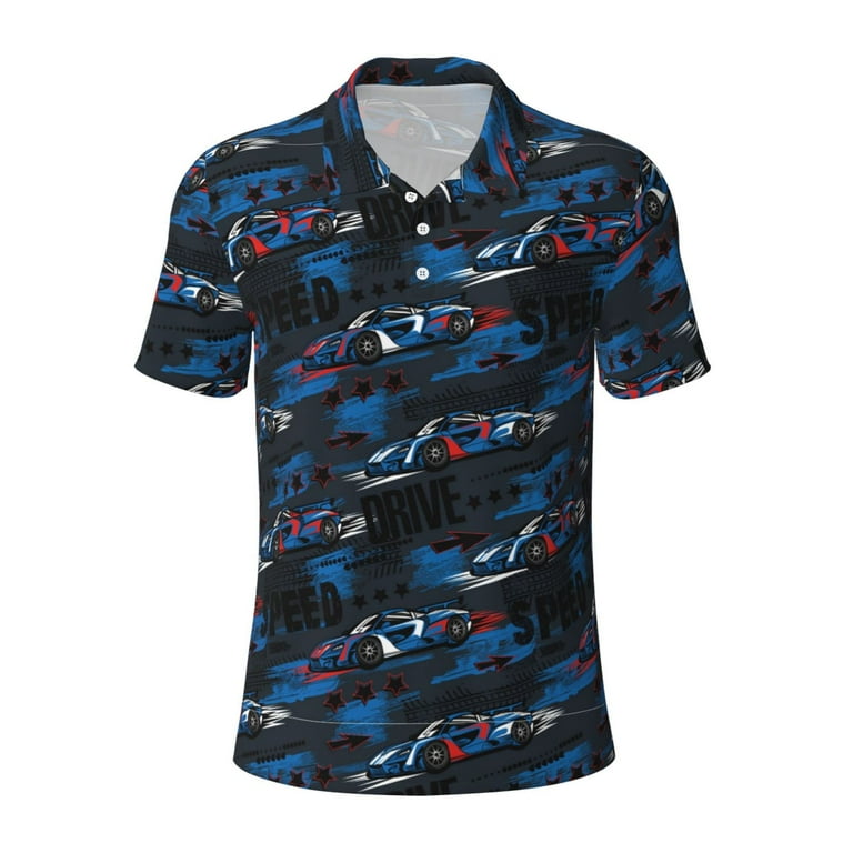Qekee Blue Sports Car for Mens Polo Shirts Casual Short Sleeve