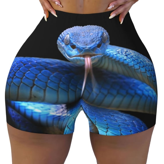 Qekee Blue Viper Snake Women Workout Shorts, Sports shorts, Scrunch Butt Lifting Gym Shorts, Breathable Soft - Large