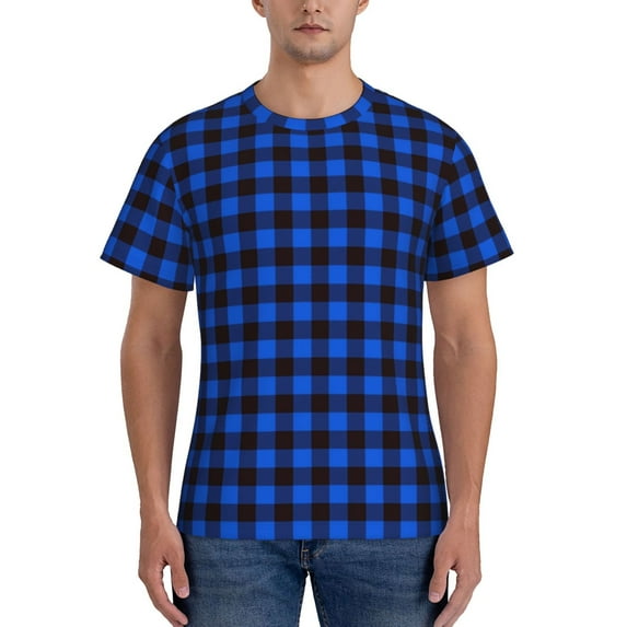 Qekee Buffalo Plaid Blue Black Classic Fit T-Shirt Men's Shirt Men's Tight Short Sleeves for Exercise, Running, Mountaineering - Buffalo Plaid Blue Black