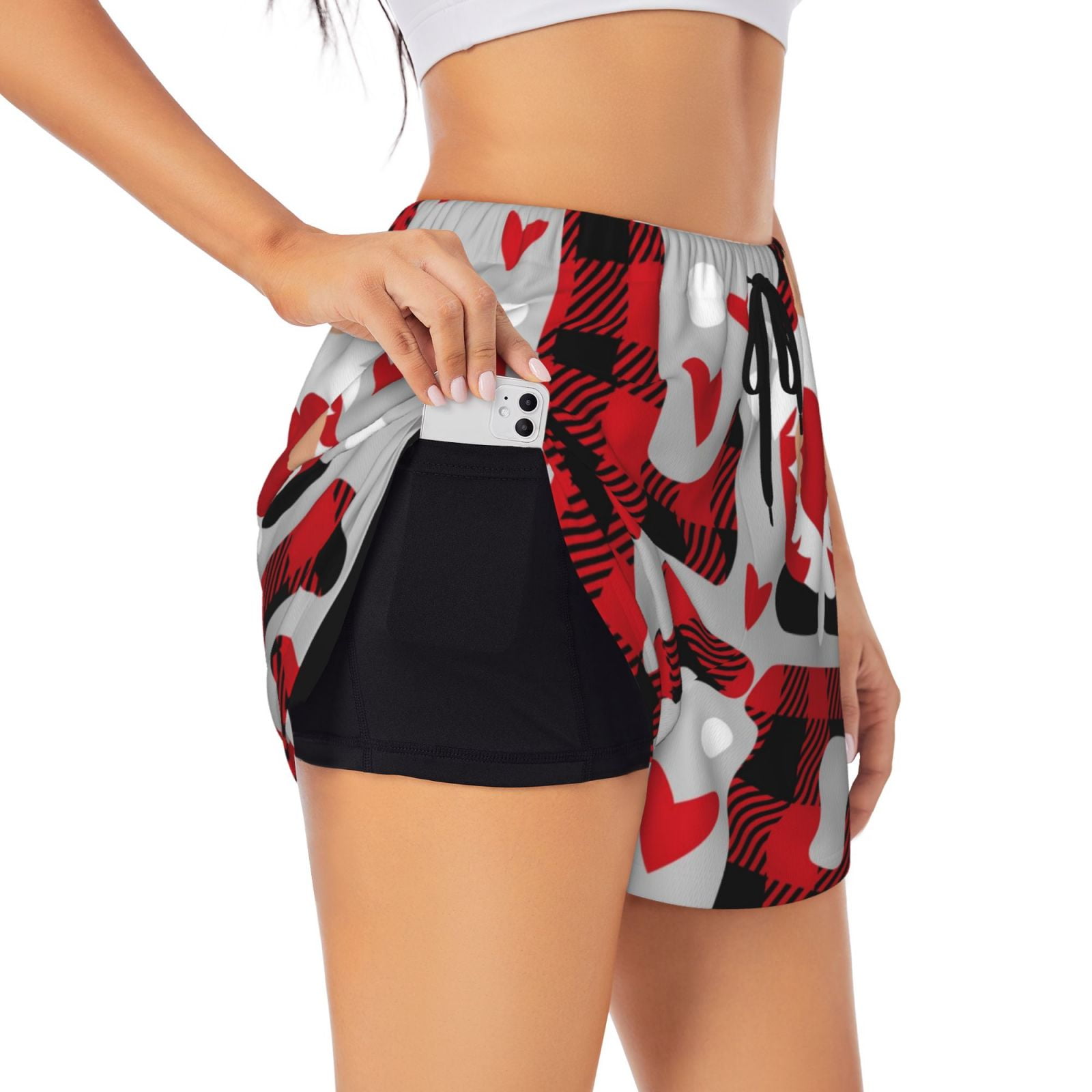 Qekee Buffalo Plaid Love And Gnome for 2 in 1 Flowy Running Shorts for