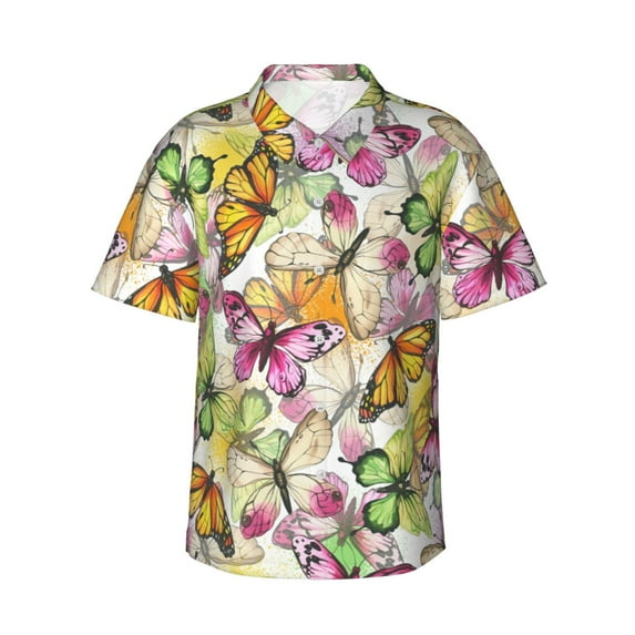 Qekee Butterflies2 print Hawaiian Shirt for Men Short Sleeve Button Down Shirts Beach Tropical Casual Shirts