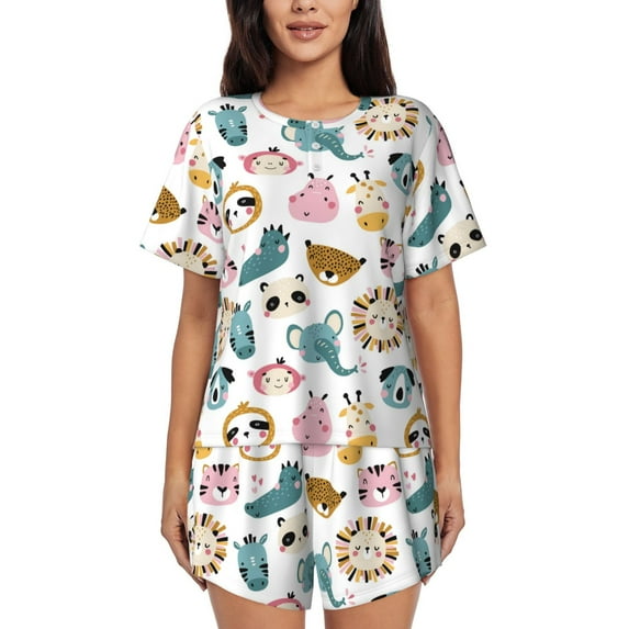 Qekee Cartoon Animals Women's Pajama Set Short Sleeve Sleepwear Summer Home Wear with Pockets Soft Short Sleeve Shirt - Cartoon Animals