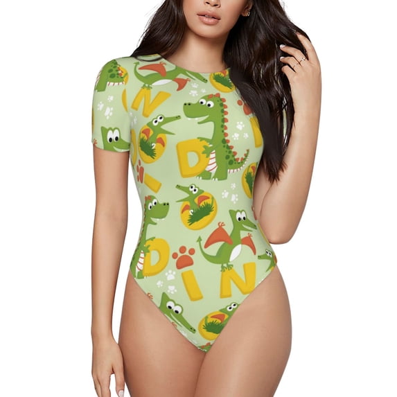 Qekee Cartoon Dinosaurs Women's Crew Neck Body Suits, Short Sleeve Bodysuit, Basic Swimsuit, Leotard Clothing for Dating, Daily Life - Medium