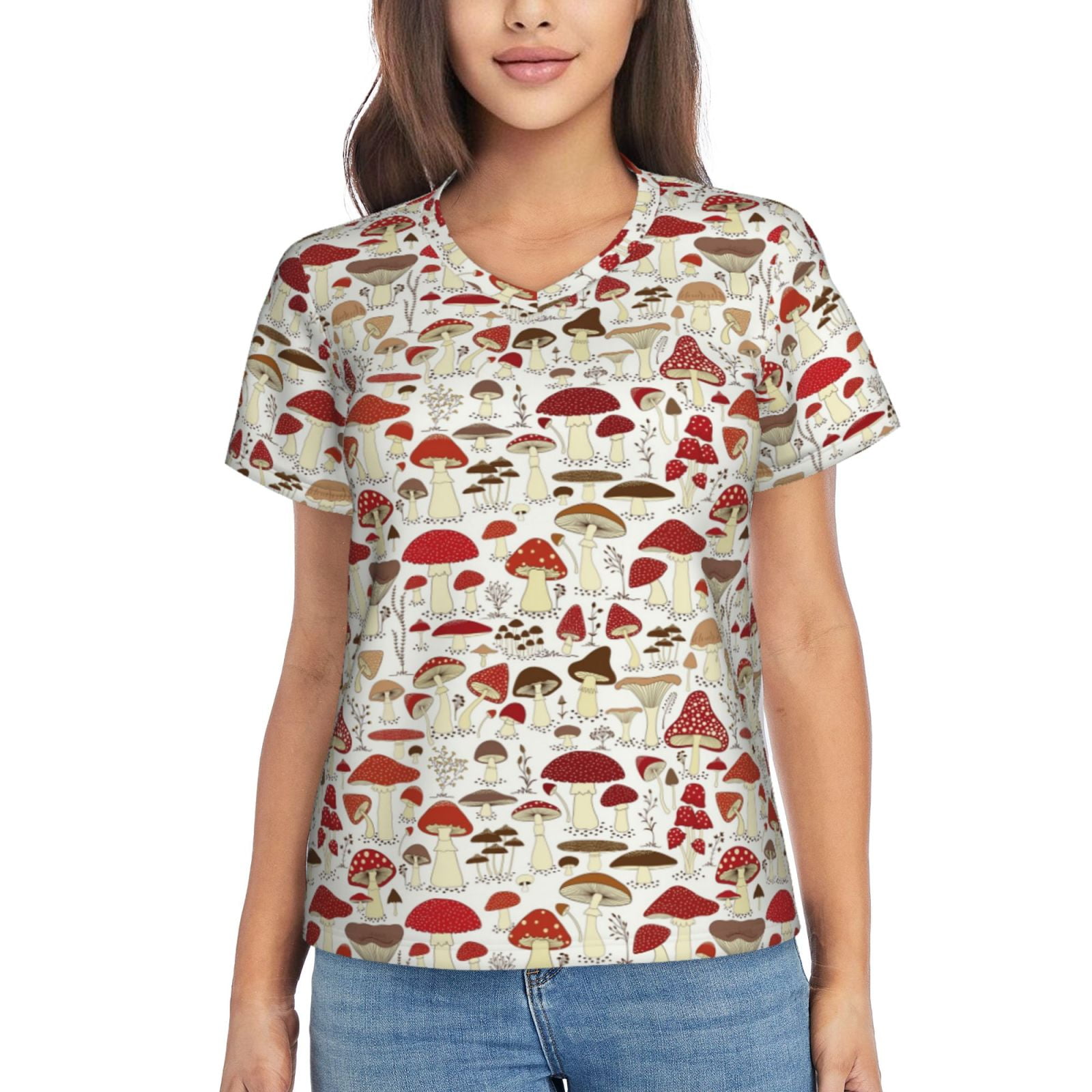 Qekee Cartoon Mushrooms for Women's V Neck T Shirts Half Sleeve Tops ...