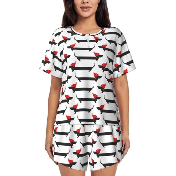 Qekee Christmas Dachshund Women's Pajama Set Short Sleeve Sleepwear Summer Home Wear with Pockets Soft Short Sleeve Shirt - Christmas Dachshund