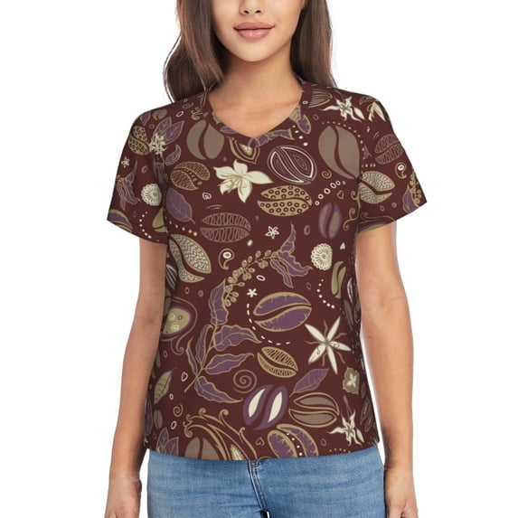 Qekee Coffee and Flowers for Women's V Neck T Shirts Half Sleeve Tops Summer Tees-XX-Large