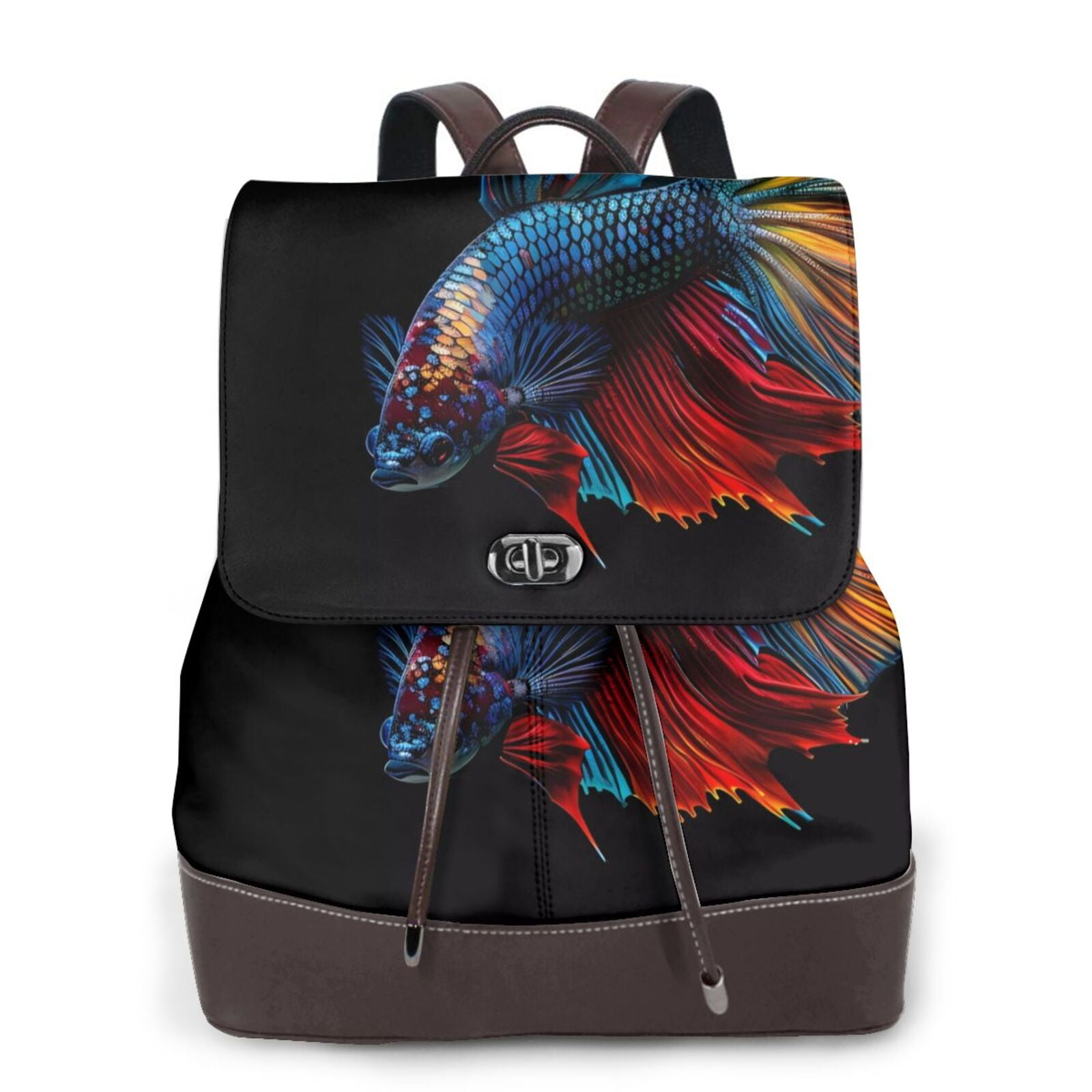 Qekee Colorful Betta Fish Print Leather Backpack Purse for Women,Ladies ...