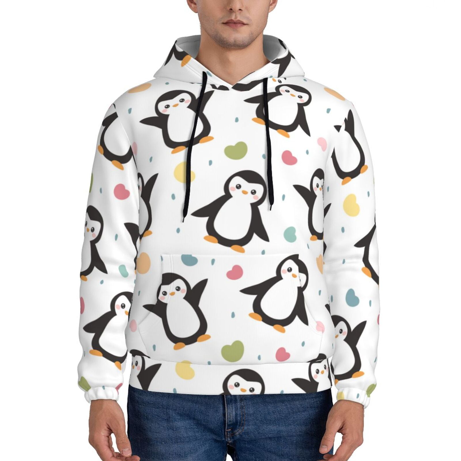 Qekee Colorful Hearts Penguin Print Mens Hoodies,Pullover Hooded Sweatshirt for Men,Men's Loose ...