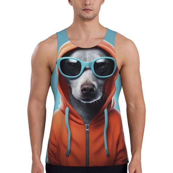 Qekee Cool Dog In Hoodie Print Men's Workout Tank Tops,Sleeveless Muscle Gym Shirt Quick Dry, Men's Gym Training Athletic Workout Shirts -Medium