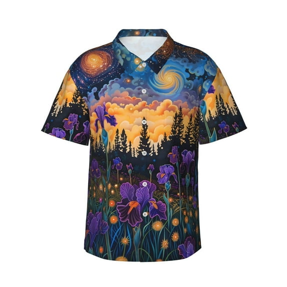 Qekee Cosmic Irises At Twilight Print Hawaiian Shirt for Men Short Sleeve Button Down Shirts Beach Tropical Casual Shirts,XX-Large