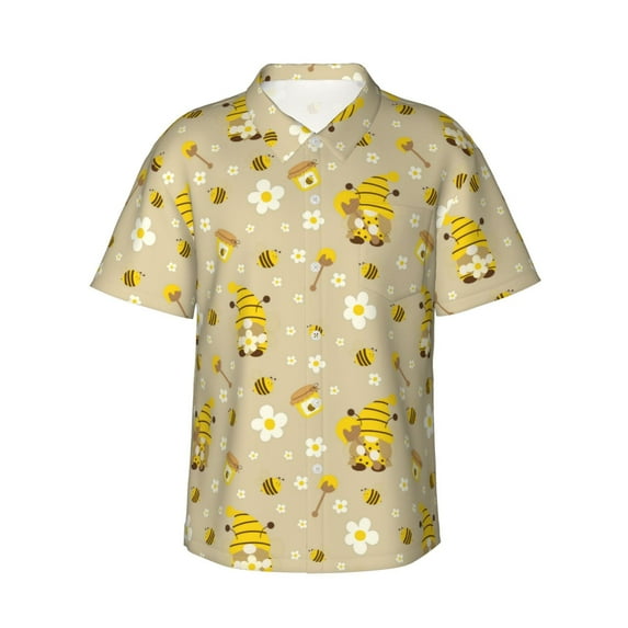 Qekee Cute Bee Gnomes print Hawaiian Shirt for Men Short Sleeve Button Down Shirts Beach Tropical Casual Shirts
