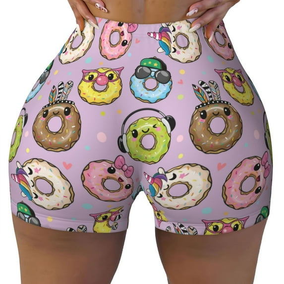 Qekee Cute Donuts Women Workout Shorts, Sports shorts, Scrunch Butt Lifting Gym Shorts, Breathable Soft - Small