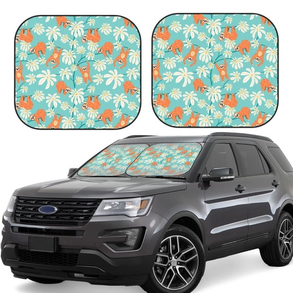 Qekee Cute Sloth on Floral Tree Foldable Car Sun Shade - 2-Pack, Car Windshield Sunshades, Foldable - Small