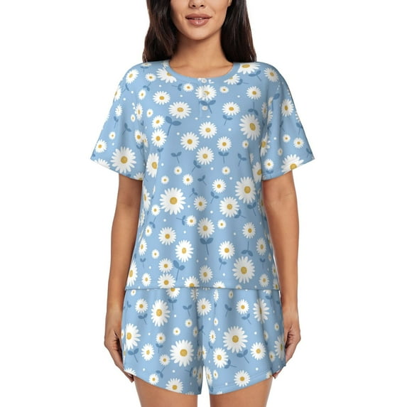 Qekee Daisies Flowers Women's Pajama Set Short Sleeve Sleepwear Summer Home Wear with Pockets Soft Short Sleeve Shirt - Daisies Flowers