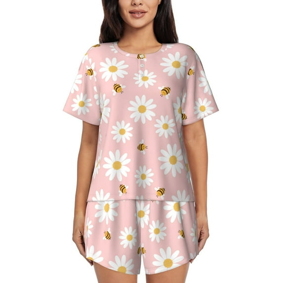 Qekee Daisy And Bee Women's Pajama Set Short Sleeve Sleepwear Summer Home Wear with Pockets Soft Short Sleeve Shirt - Daisy And Bee