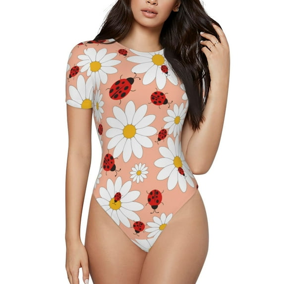 Qekee Daisy and Ladybug Women's Crew Neck Body Suits, Short Sleeve Bodysuit, Basic Swimsuit, Leotard Clothing for Dating, Daily Life - X-Large