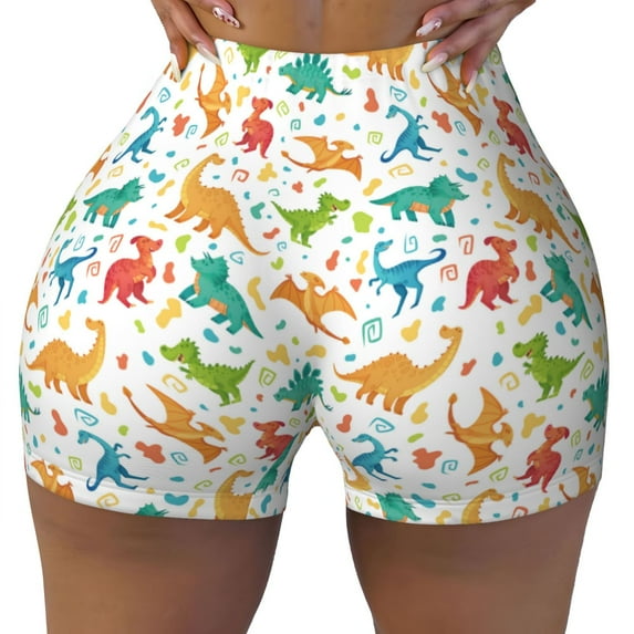 Qekee Dinosaur Women Workout Shorts, Sports shorts, Scrunch Butt Lifting Gym Shorts, Breathable Soft - XX-Large
