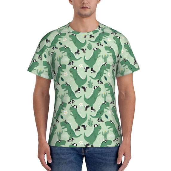 Qekee Dinosaurs on Roller Skater Classic Fit T-Shirt Men's Shirt Men's Tight Short Sleeves for Exercise, Running, Mountaineering - Dinosaurs on Roller Skater