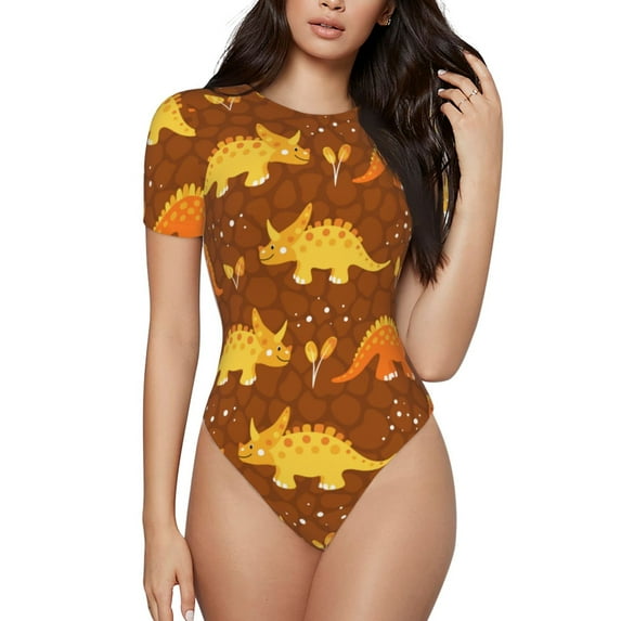 Qekee Dinosaurs and Leaves Women's Crew Neck Body Suits, Short Sleeve Bodysuit, Basic Swimsuit, Leotard Clothing for Dating, Daily Life - Large
