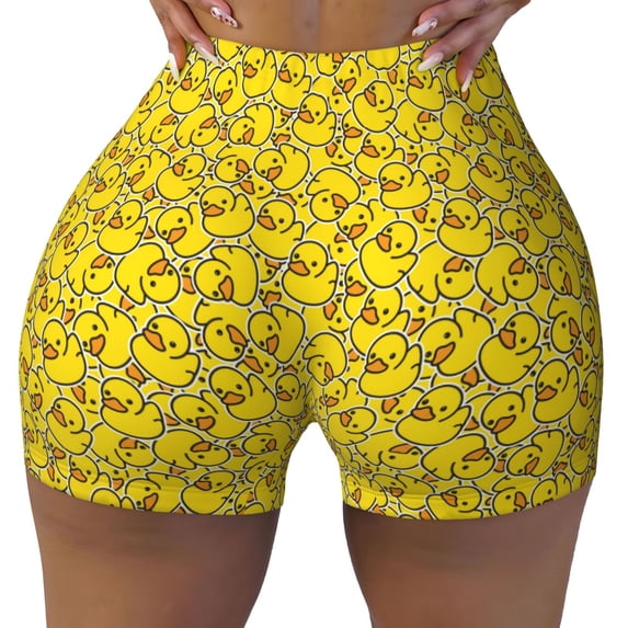 Qekee Ducky Cartoon Animal Yellow Women Workout Shorts, Sports shorts, Scrunch Butt Lifting Gym Shorts, Breathable Soft - X-Large