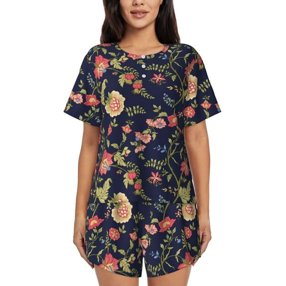 Qekee Flower Women's Pajama Set Short Sleeve Sleepwear Summer Home Wear with Pockets Soft Short Sleeve Shirt - Flower