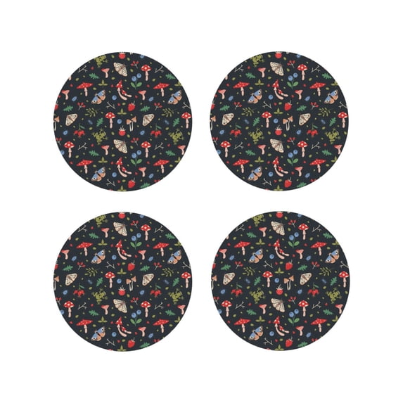 Qekee Forest Flora and Insects Print PU Leather Absorbent Coasters,Leather Coasters Set for Cups Drinks, 4" Coasters 4 Pcs for Coffee Bar Home Decor-Round Shape
