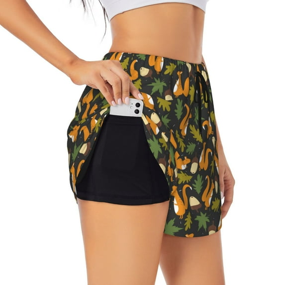 Qekee Forest Squirrel for 2 in 1 Flowy Running Shorts for Women High Waisted Gym Tennis Shorts Double Layer Shorts with Pocket