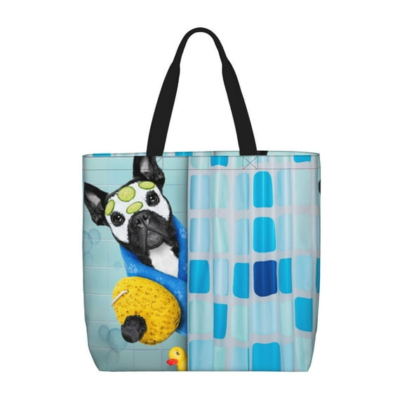 Qekee French Bulldog Dog in a Bathtub Tote Bag for Women Travel Bag with Inner Pockets Big Capacity Shoulder Handbags for Work Shopping