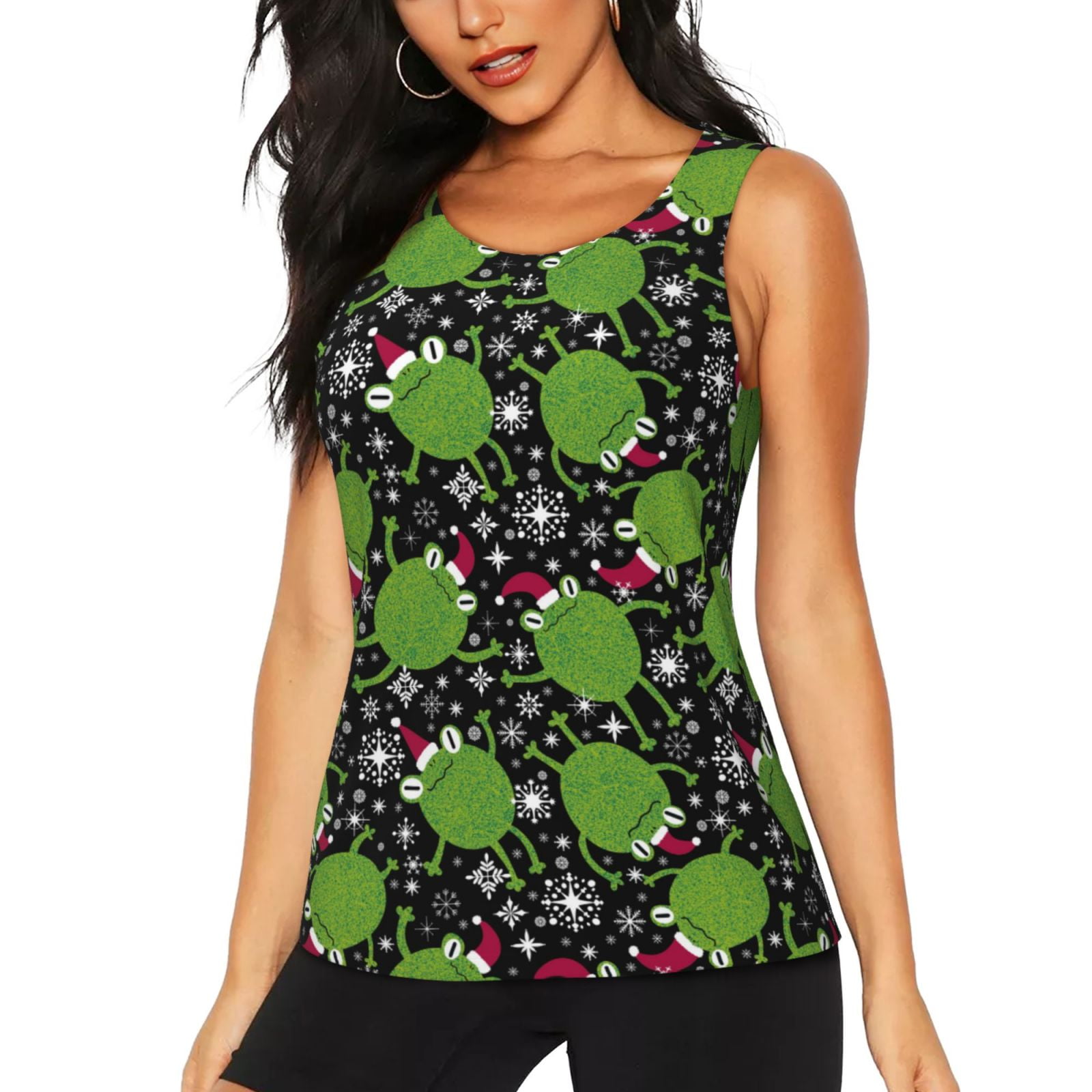 Qekee Frogs And Santa Hat Print Womens Workout Tank Tops Scoop Neck