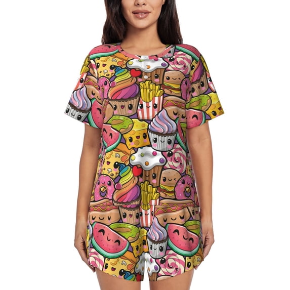 Qekee Fruit-Flavored Ice-Cream Women's Pajama Set Short Sleeve Sleepwear Summer Home Wear with Pockets Soft Short Sleeve Shirt - Fruit-Flavored Ice-Cream