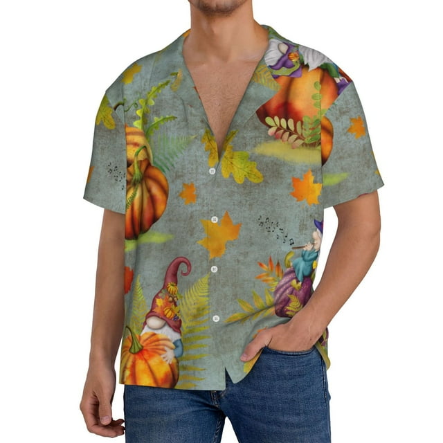 Qekee Gnomes With Pumpkins Pattern Men's Casual Shortsleeved Shirt