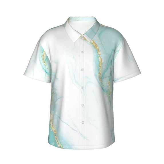Qekee Gold Lines Marble Watercolor Print Hawaiian Shirt for Men Short Sleeve Button Down Shirts Beach Tropical Casual Shirts,3X-Large