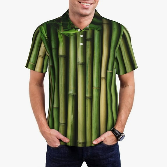 Qekee Green Bamboo Fence1 for Mens Polo Shirts Casual Short Sleeve Button Down Polo Shirt Classic Golf Shirts-
