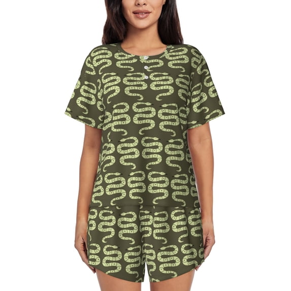 Qekee Green Snake Women's Pajama Set Short Sleeve Sleepwear Summer Home Wear with Pockets Soft Short Sleeve Shirt - Green Snake