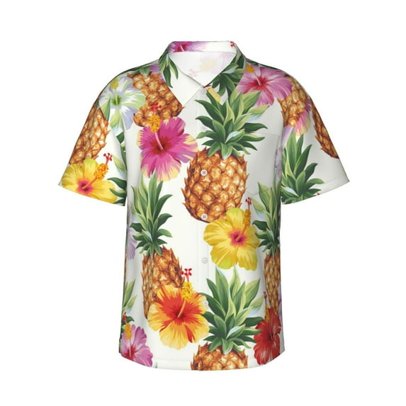 Qekee Hawaiian Pineappl print Hawaiian Shirt for Men Short Sleeve Button Down Shirts Beach Tropical Casual Shirts