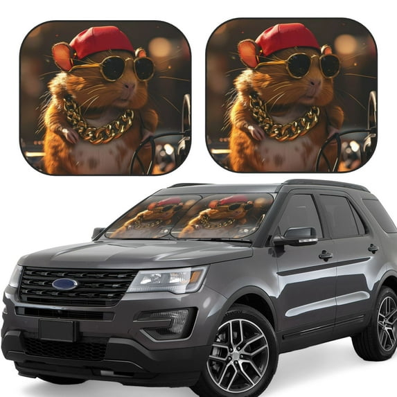 Qekee Hip-Hop Guinea Pig. Print Windshield Sun Shade,Foldable 2-Piece Car Sunshades,Heat Blocker Car Sun Visor Protector,Car Sun Shade Windshield-Large