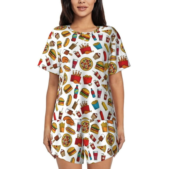 Qekee Hot Dog Pizza Women's Pajama Set Short Sleeve Sleepwear Summer Home Wear with Pockets Soft Short Sleeve Shirt - Hot Dog Pizza