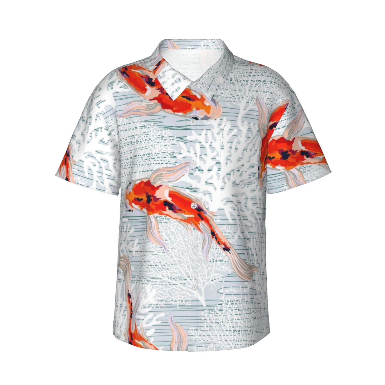 Qekee Koi Fish Corals,Spring Summer print Hawaiian Shirt for Men Short ...