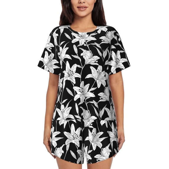 Qekee Lilies Flowers Women's Pajama Set Short Sleeve Sleepwear Summer Home Wear with Pockets Soft Short Sleeve Shirt - Lilies Flowers