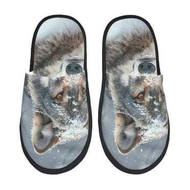 Qekee Majestic Snowy Wolf Print Furry Slippers for Women and Men, House Slipper Funny,Bedroom Slippers Indoor -Medium