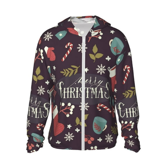 Qekee Merry Christmas print Sun Shirt with Hoodie SPF Long Sleeve UV Protection Clothing Hiking Fishing Outdoor Lightweight