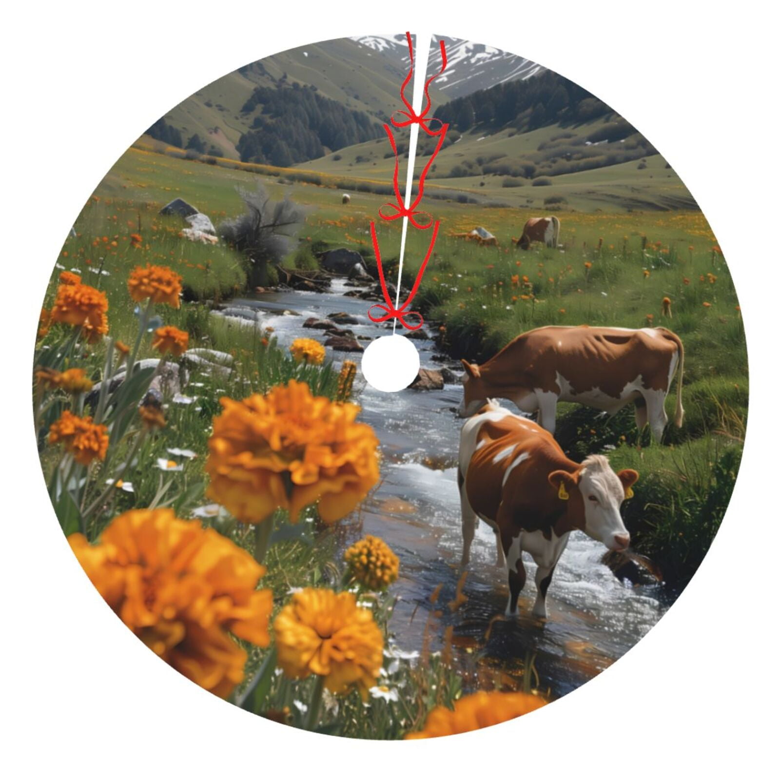 Qekee Mountain Cows Flower Stream Print Christmas Tree Skirt Red Tree