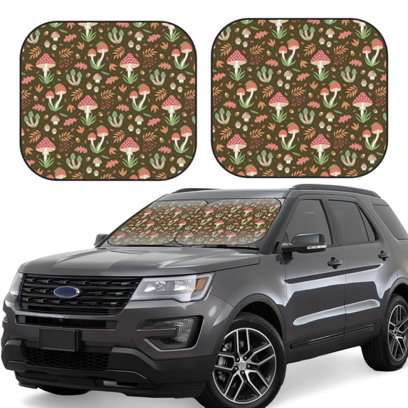 Qekee Mushrooms and Autumn Foldable Car Sun Shade - 2-Pack, Car Windshield Sunshades, Foldable -