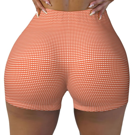 Qekee Orange Gingham Women Workout Shorts, Sports shorts, Scrunch Butt Lifting Gym Shorts, Breathable Soft - Small