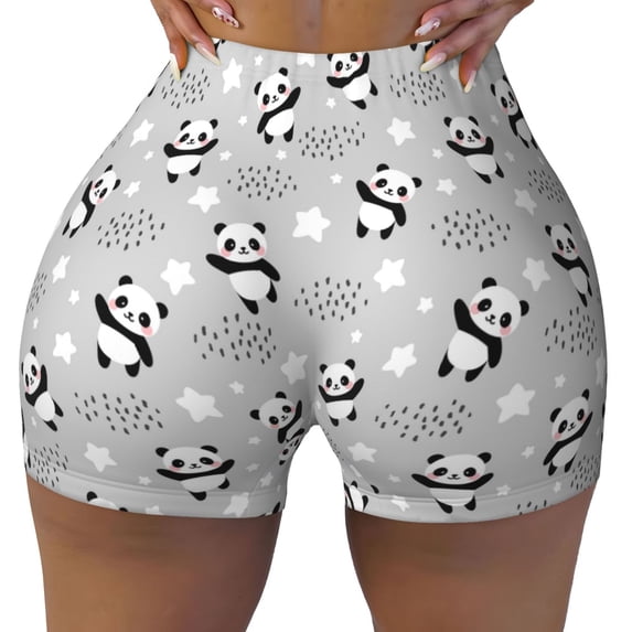 Qekee Pandas Between Clouds and Stars Women Workout Shorts, Sports shorts, Scrunch Butt Lifting Gym Shorts, Breathable Soft - Small