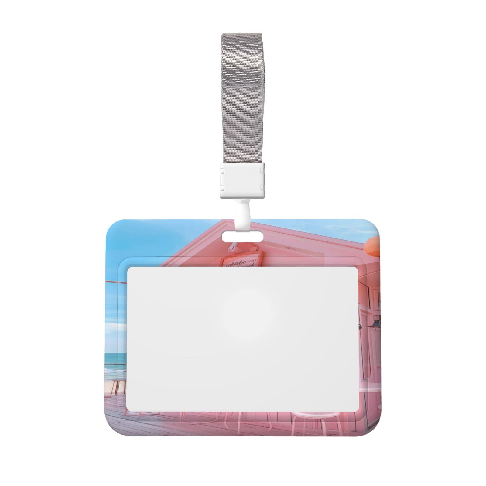 Qekee Pastel Pink Beach Cafe Print Card Badge Holder,Clear Name Tag ID ...