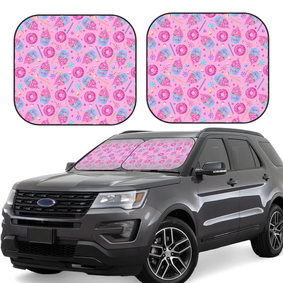 Qekee Pink Donuts Foldable Car Sun Shade - 2-Pack, Car Windshield Sunshades, Foldable - Small