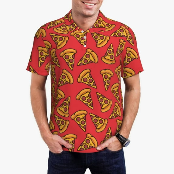 Qekee Pizza Cartoon for Mens Polo Shirts Casual Short Sleeve Button Down Polo Shirt Classic Golf Shirts-Medium