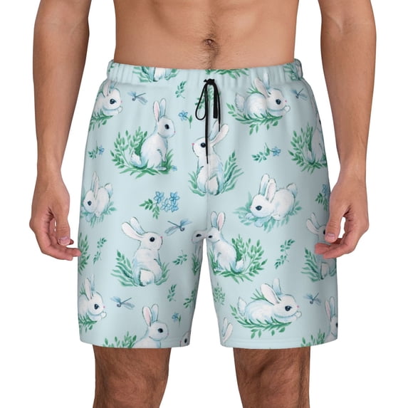 Qekee Rabbit And Dragonfly print Mens Swim Quick Dry Stretch Swim Shorts Lining Bathing Suits Swimwear Beach Shorts with Pockets