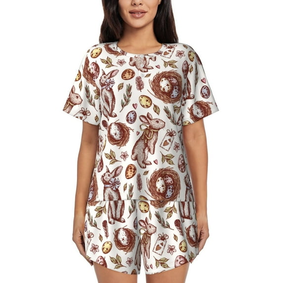 Qekee Rabbit And Egg Women's Pajama Set Short Sleeve Sleepwear Summer Home Wear with Pockets Soft Short Sleeve Shirt - Rabbit And Egg